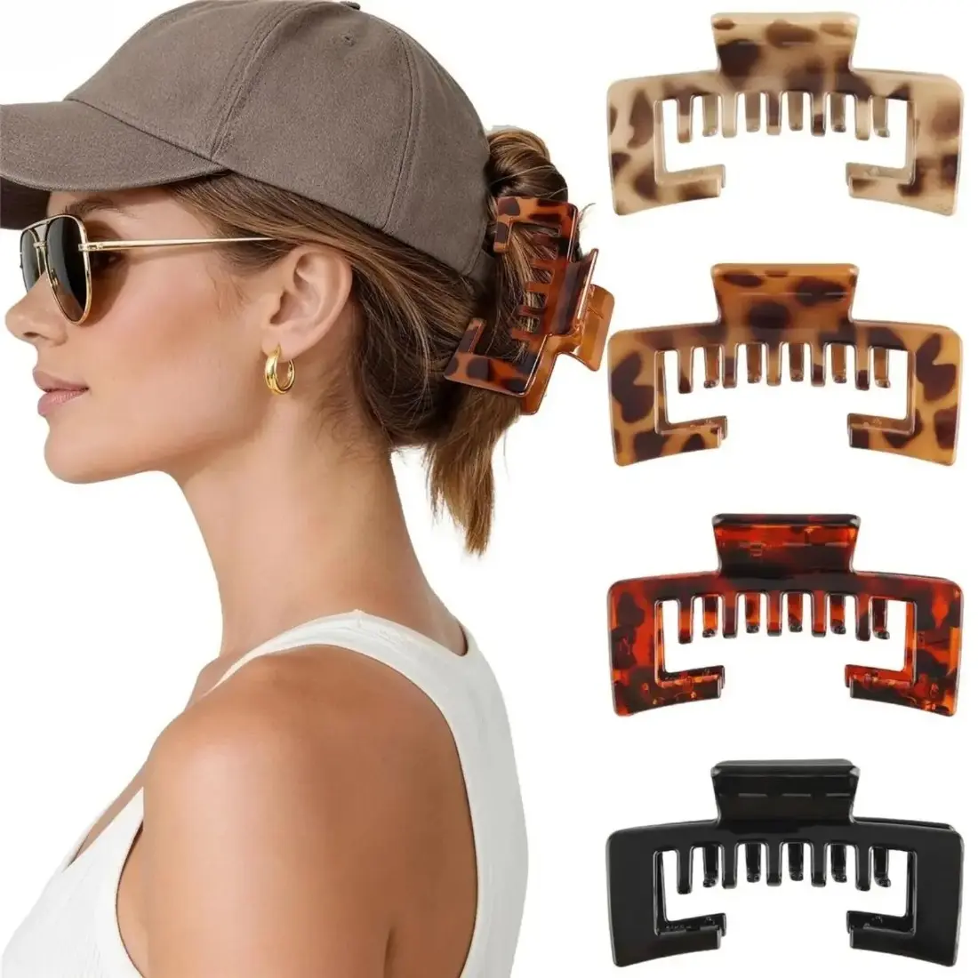 Hat-Friendly Hair Claw Clips for Women 4 Pack, Strong Hold No Slip Clamps for Thick Hair, Baseball Cap Ponytail Clip, Trucker Hat Hairstyle Accessories, Messy Bun Updo Hair Clips for Daily Wear