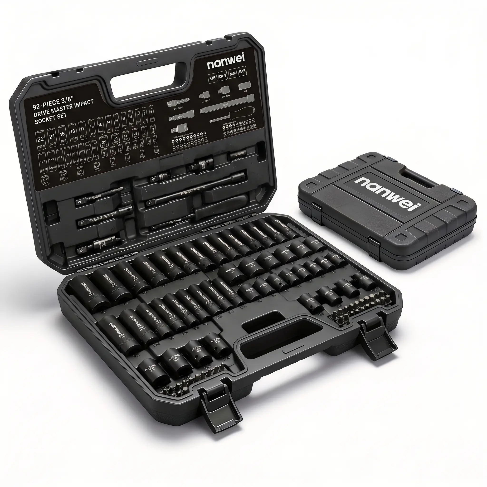 92PCS 3/8 Inch Drive Impact Socket Wrench Set, SAE & Metric Deep & Shallow Socket Kit with Extension Bars Adapters Bits, Cr-V Steel Auto Repair Hand Tools with Hard Storage Case stuff car ratchet handle automotive tool kit