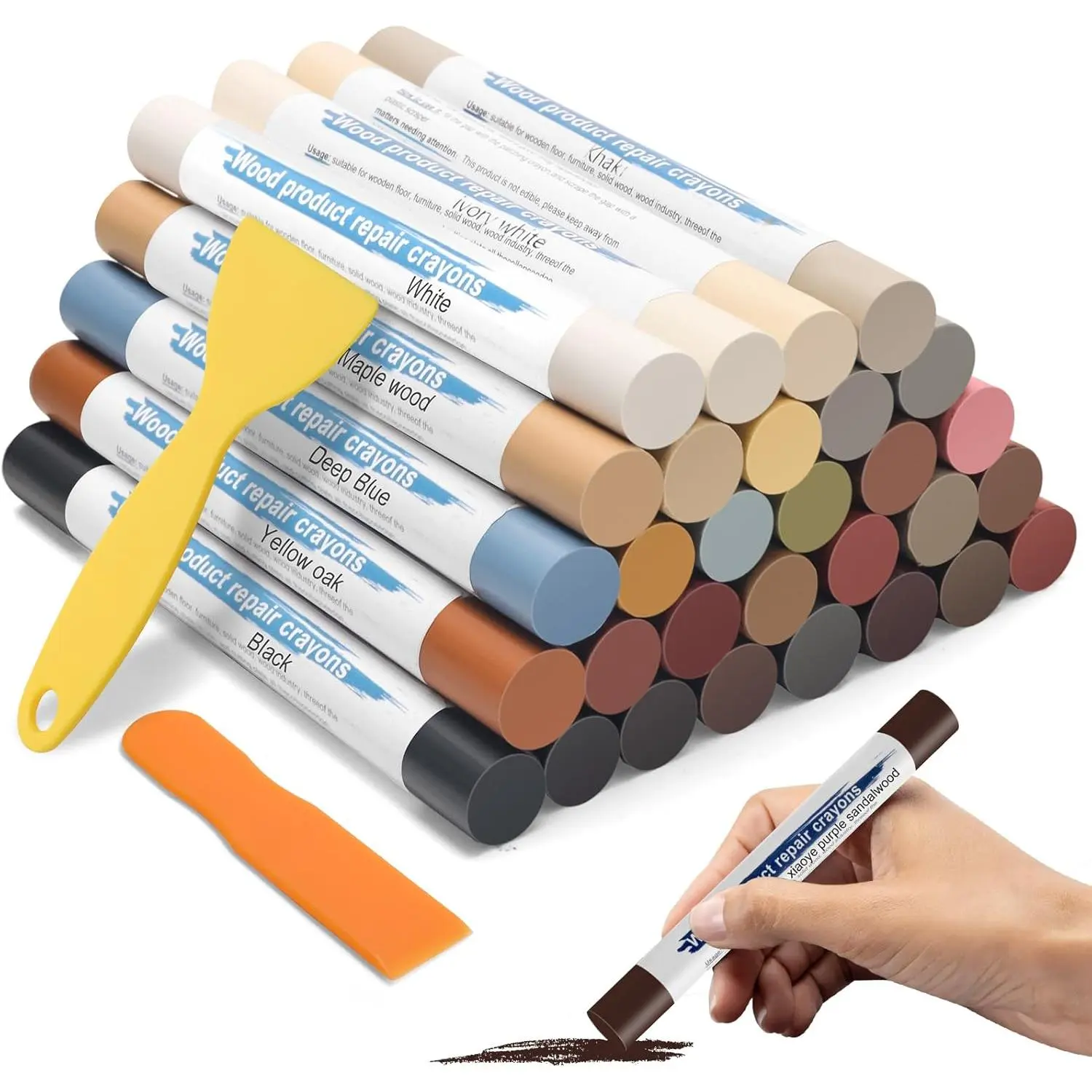 30+2P  Filler Sticks,  30 Colos  Filler Putty Wax Crayons Furniture Repair Kit Putty Stick for Baseboard Cabinets Furniture Floors(with 2 Scrapers)