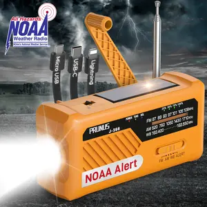 PRUNUS J-366 Emergency Radio with 3 Charging Cables, NOAA Weather Alert, 7400mWh/Solar/Hand Crank/ USB-C Charging, Battery Operated , WB/AM/FM, SOS Alarm, Flashlight, Compact for Bag
