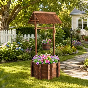 Rustic Wooden Planter Wishing Well, Outdoor Flower Pot Stand, Garden Yard Decor, Decorative Fir Wood Plant Holder