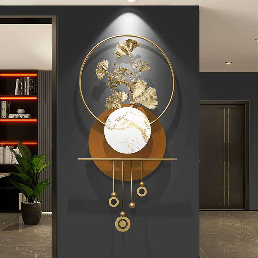 Homary 46.5" Luxury Cast Iron 3D Golden Metal Wall Art - Geometric Pattern, Ginkgo Leaf Aesthetic Design, Marble Accent, Modern Geometric Abstract Living Room Pictures Wall Decor for Home Room Decoration