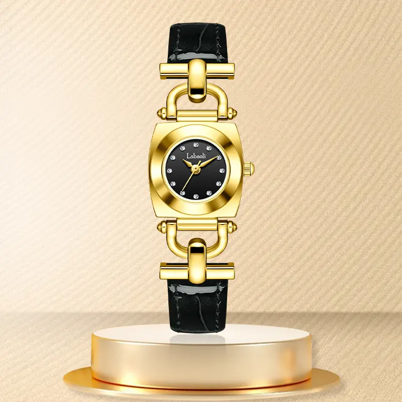 Women\'s Gold Black Leather Strap Analog Quartz Luminous Dial Waterproof Watch Women S Black Gold Watch main image 4