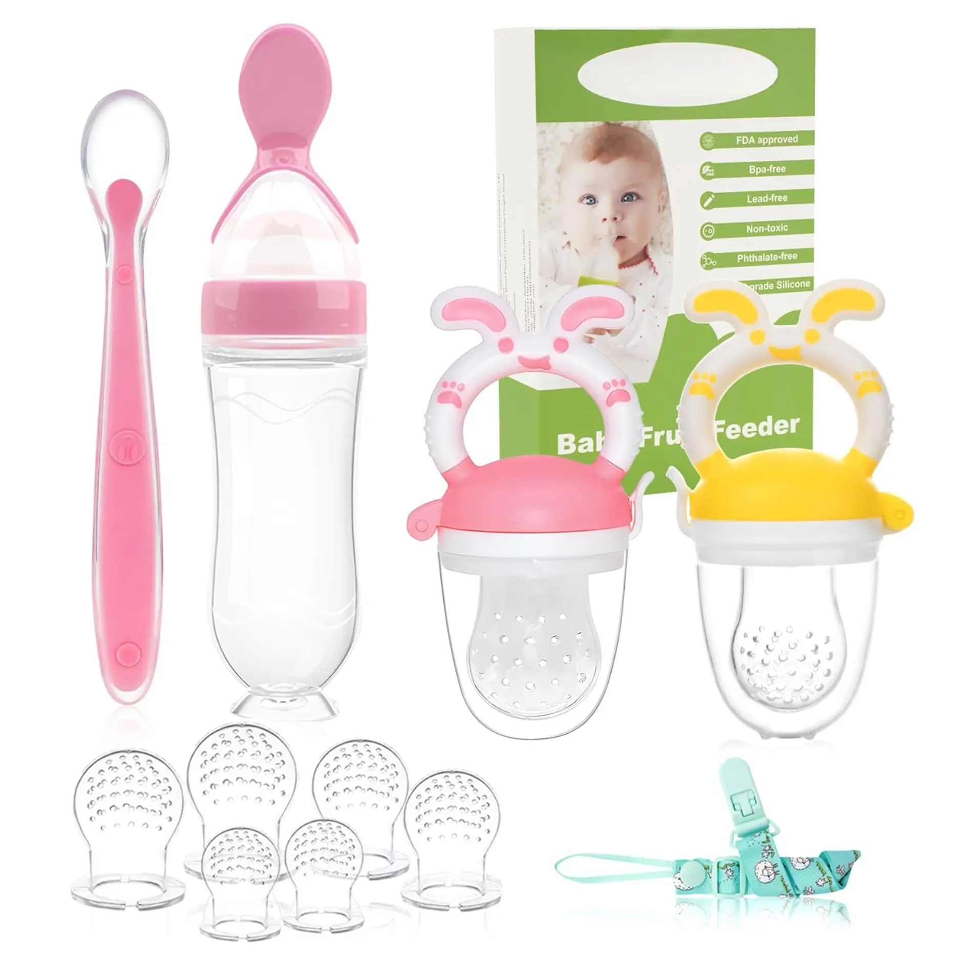 Baby Fruit Feeder Pacifier | 2 Infant Food Feeder Pacifier & 1 Baby Food Dispensing Spoon | Mesh Fresh Fruit Teethers for Babies Teething Feeders | Shower Gifts for Boys and Girls (Pink)