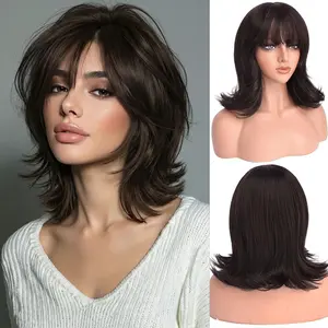 AISI HAIR Women's Glueless Short Layered Wig with Bangs, Natural Straight Heat Resistant Synthetic Full Machine Wig, Glueless Wig,summerwins