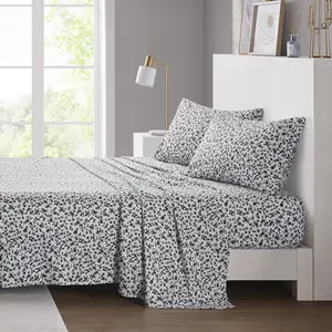 360 Stand Queen Size Printed Microfiber Sheet Set - Intelligent Design ID20-2220, 90x102x0.13in Black Floral Motif, Smooth Texture, Benzoyl Safe, for Queen Size Beds & Mattresses