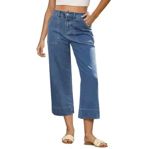 GRAPENT Women's High Waisted Wide Leg Capri Jeans Trendy Stretchy Loose Straight Cropped Denim Pants with Pockets for Summer