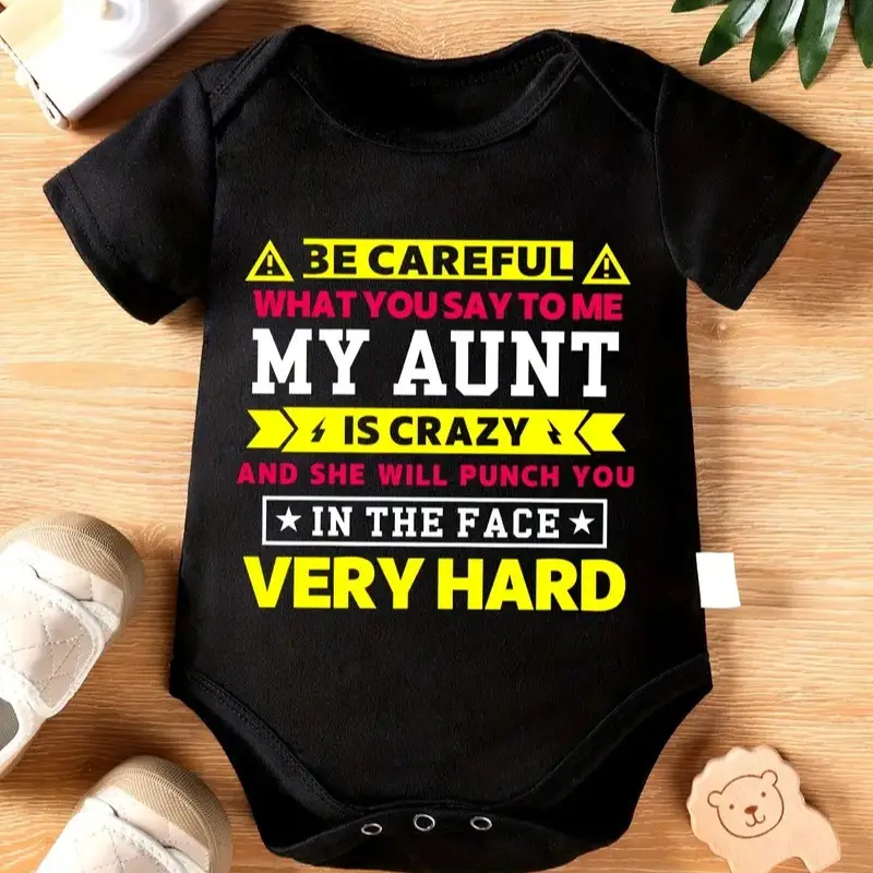 Unisex Baby Bodysuit - 100% Cotton Short Sleeve Crew Neck Fitted Basic Clothes, Funny 'Beware My Aunt' Novelty Print, Overlapping Shoulders, Breathable Baby Clothing for 6-9 Months, Snaps, Slogan, Funny Print, One-Piece