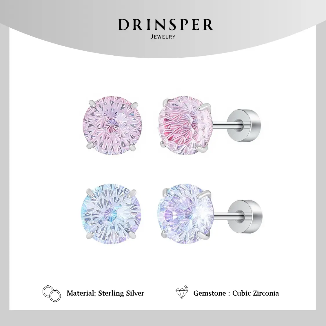 DRINSPER S925 Firework Cut Stud Earrings for Women Girls Men Trendy Sparkle Pink Blue-Purple Gradient Sterling Silver Hypoallergic Earrings Suitable for Daily Wearing Helix Piercing
