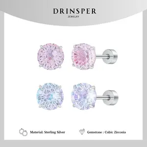 DRINSPER S925 Firework Cut Stud Earrings for Women Girls Men Trendy Sparkle Pink Blue-Purple Gradient Sterling Silver Hypoallergic Earrings Suitable for Daily Wearing Helix Piercing
