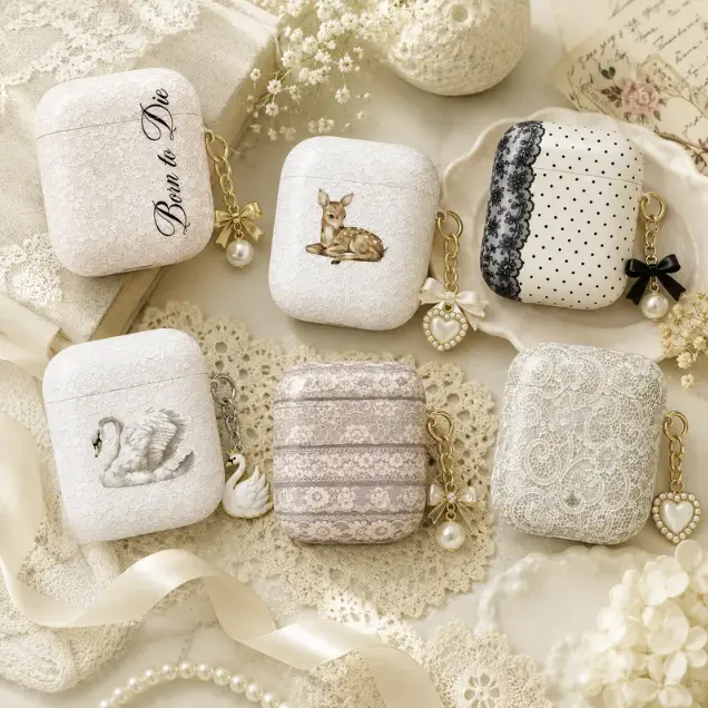 NO KEYCHAIN – Coquette Lace AirPods Case, Vintage Floral AirPods Cover, Deer Swan Polka Dot Cottagecore Earbuds Case, Romantic Aesthetic Gift for AirPods Pro Gen 1 2 3 4