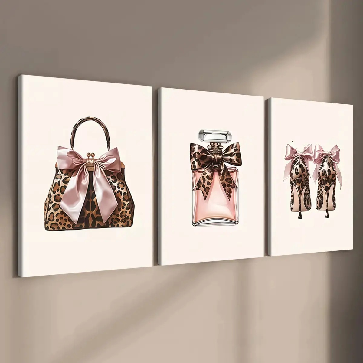 3-count wooden frame canvas, girlish bedroom leopard print pattern light luxury poster, Leopard Print Design, living room and bedroom decoration, corridor wall art, waterproof, art, Decorative Wall Art