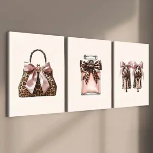 3-count wooden frame canvas, fashionable and girlish bedroom leopard print pattern light luxury poster, high-end atmosphere poster, perfect living room and bedroom decoration, fashionable and modern family poster, corridor wall art, waterproof, art