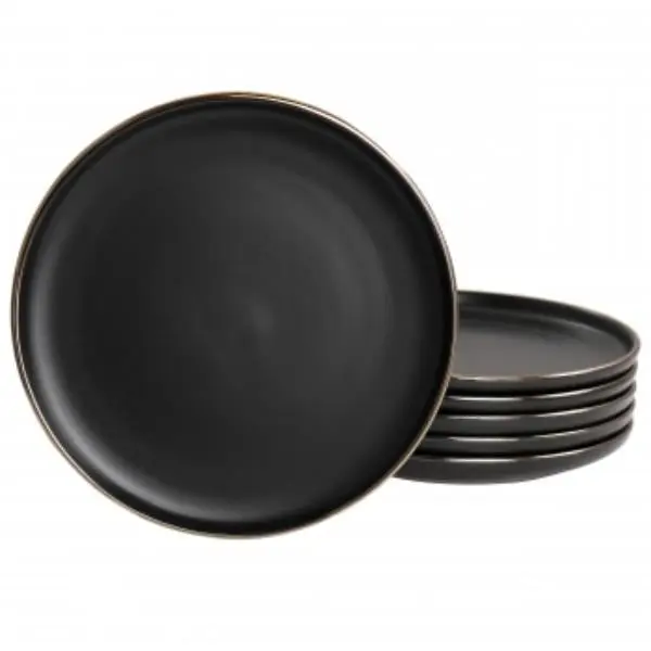 Elama ELM-PAUL6S 6-Piece Thin Sturdy Round Paul Stoare Salad Plate Set, Matte Black with Gold Rim, Flat Base, Microwave Safe for Every Day Use