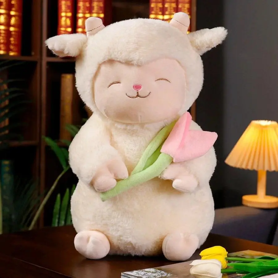 Unisex Kawaii Sweet White Sheep Lamb Holding Tulip Plush Doll, Soft Stuffed Stress Relief Kids Plush & Stuffed Toy, Cute Kid Birthday Gift, Kids Plush & Stuffed Toys