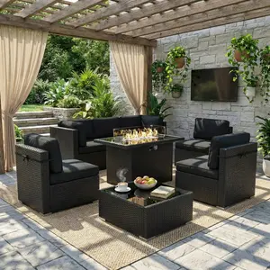 LayinSun 8 Piece Patio Furniture Set with 44" Propane Gas Fire Pit Table, Outdoor Sectional Conversation Set Wicker Rattan Sofa Set with Coffee Table
