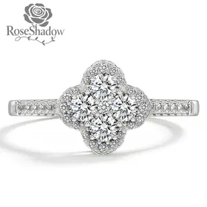 ROSESHADOW Moissanite Rings for Women Lucky Rings 925 Sterling Sliver Clover Rings Four Leaves Rings Promise Engagement Wedding Bands D Color VVS1 Synthetic Moissanite Statement Rings Lucky Gifts for Women