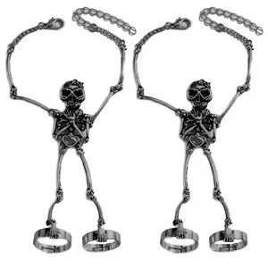 Set of 2 Skeleton Ring Bracelet, Men Women's Skeleton Hand Bracelet With Ring Halloween Wristband Skull Fingers Metal Skeleton Hand Bracelet with Ring for Women and Men on Party(gun black)