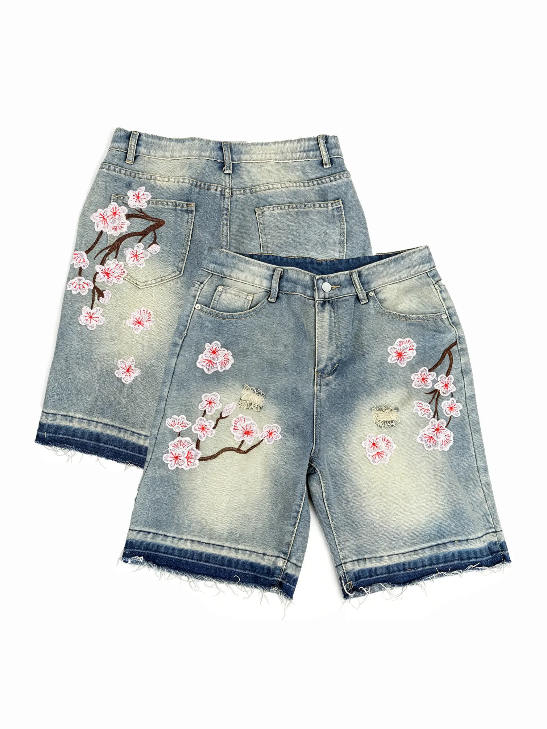 High Waisted Baggy Denim Shorts for Curvy Women, Oversized Loose Fit Cherry Blossom Embroidered Shorts, Raw Hem Distressed Vintage Wash Streetwear Jorts, Casual Summer Festival Outfits Womenswear Bottom