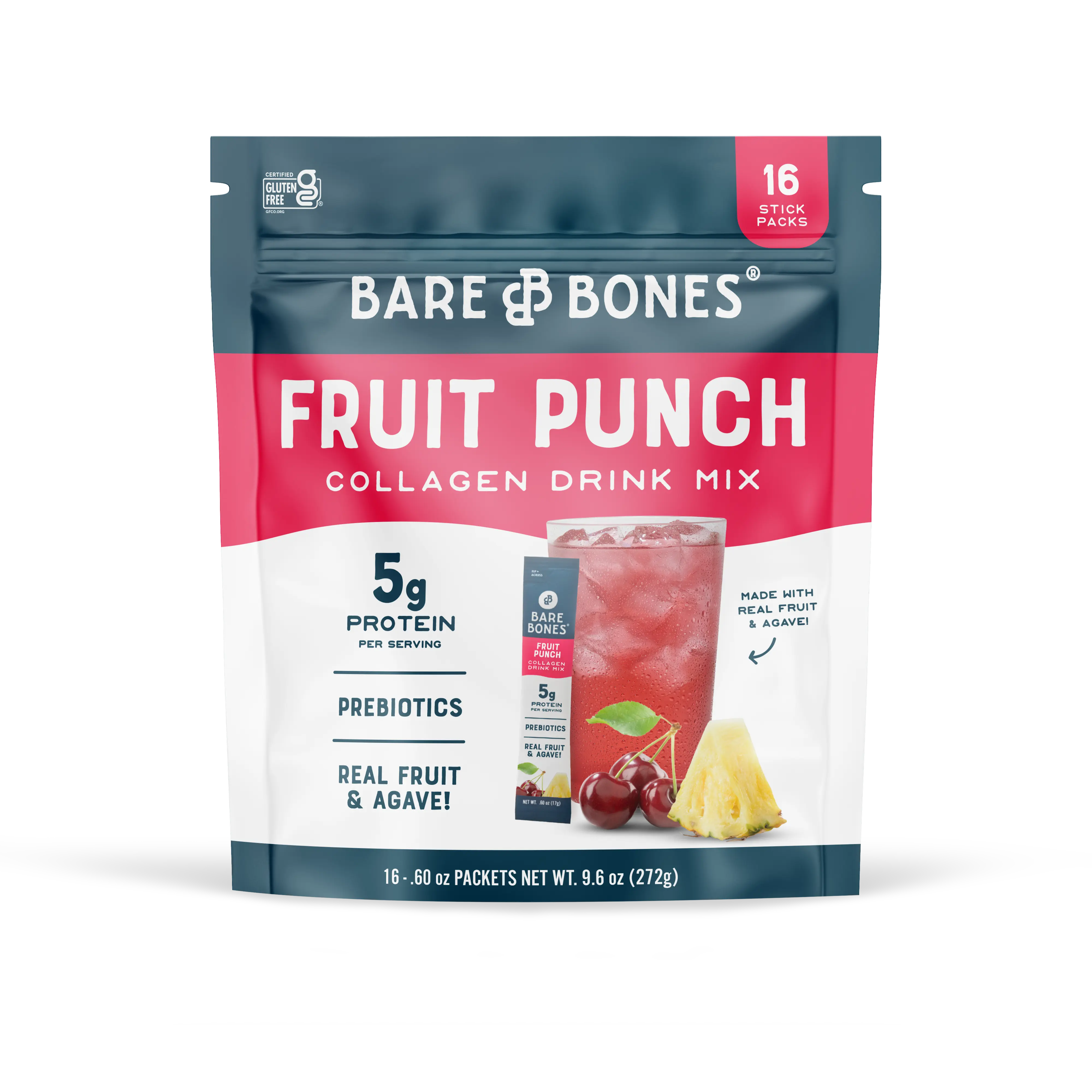 Bare Bones Collagen Drink Mix | Hydration Drink Mix with Collagen, Fiber & Electrolytes | 16 Stick Packs