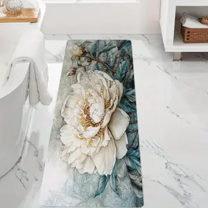 Ultra Soft Cozy White Floral Pattern Flannel Bathroom Mat Super Absorbent Non Slip Shower Foot Carpet Machine Washable Decorative Floor Rug Perfect For Shower Basin Bathroom Door Entryway Indoor Home Bathroom Decor quick dry