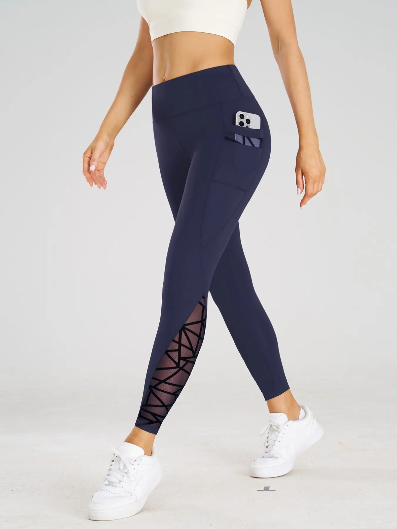 Dark Blue High-Waisted Mesh Yoga Pants, Dual Pocket Design, Tummy Control Butt Lifting Workout Tight Fit, Sports Fitness Apparel, Body Sculpt Leggings, Breathable Leggings, Gym Sportswear Bottoms