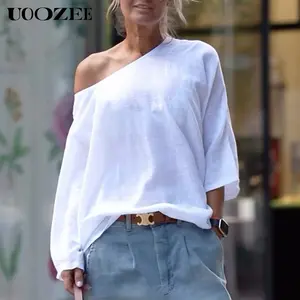 UOOZEE Women's Summer Cotton Blouses - Off Shoulder Long Sleeve Tops in Solid Color for Casual Wear High-Quality Material Multiple Color Options T-shirts