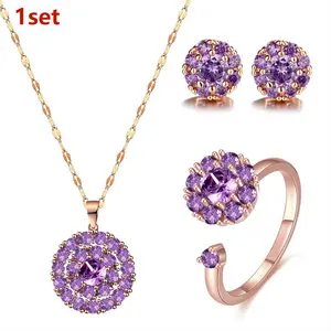 Women's Cubic Jewelry Set - French Style Rhinestone Necklace & Earrings with Purple Pink Ring-like Pendant, Wedding Bridal Gift, Everyday Elegant Jewelry Set (No Plating, Year-Round Wear) - Affordable Luxury