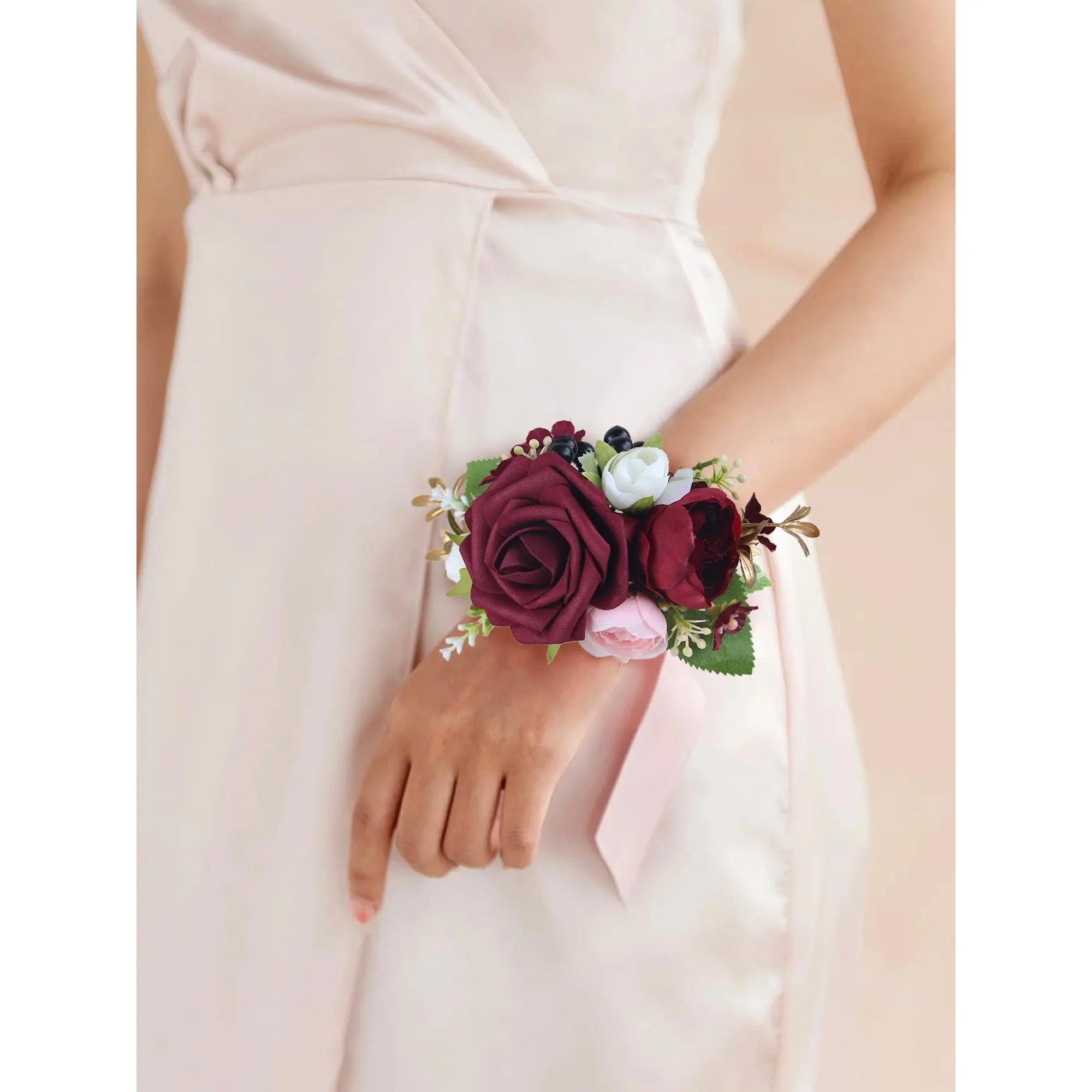 Rinlong Burgundy Floral Wrist Corsage - Wedding Party Decor Flower Accessory