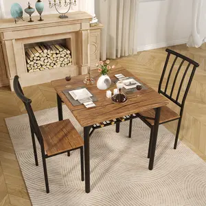 Space-Saving 3-Piece Dining Table Set for 2, Compact Kitchen Table & 2 Chairs with Storage Shelf, Non-Toxic Smooth MDF Tabletop, Rustic Brown Small Bistro Furniture for Apartments & Small Spaces