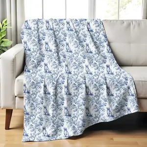 Golden Retriever French Toile Blanket, Velveteen Blue Toile de Jouy Cozy Throw for Golden Retriever Lovers, Dog Mom Plush Blanket Gifts