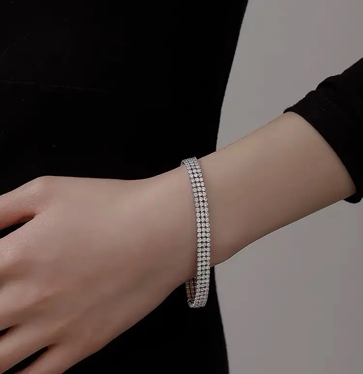 Unisex 3-Row Micro Pave Diamond Tennis Bracelet - Zinc Alloy Silver Plated 19cm Waterproof Bling Chain, Anti-Fading, Stackable, Couples Anniversary/Birthday Gift, Daily/Streetwear Rapper Outfits