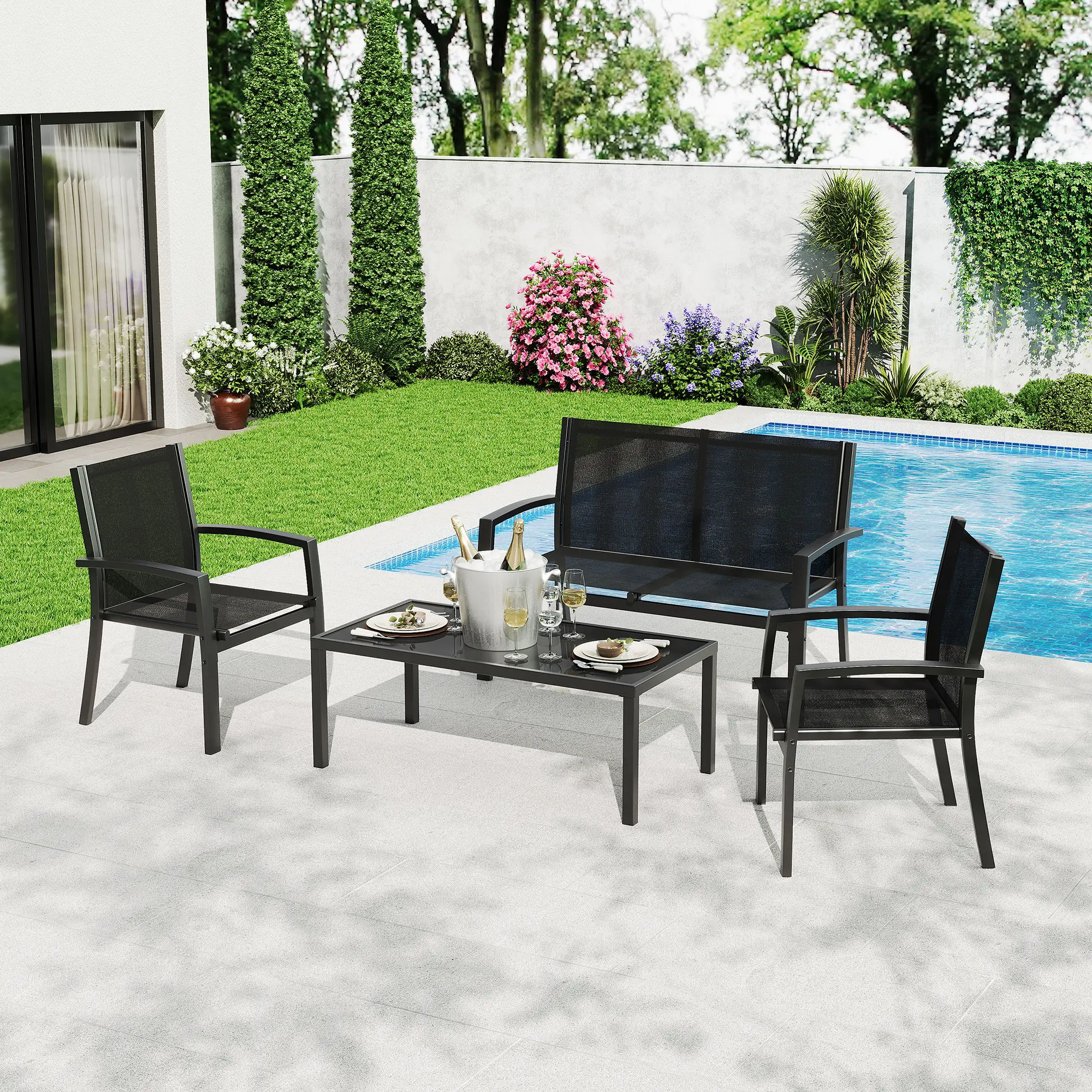Modern 4-Piece Patio Furniture Set | Breathable & Weather-Resistant Metal Conversation Set | Includes Loveseat, Chairs & Table | Perfect for Small Balconies, Porch & Garden Decor