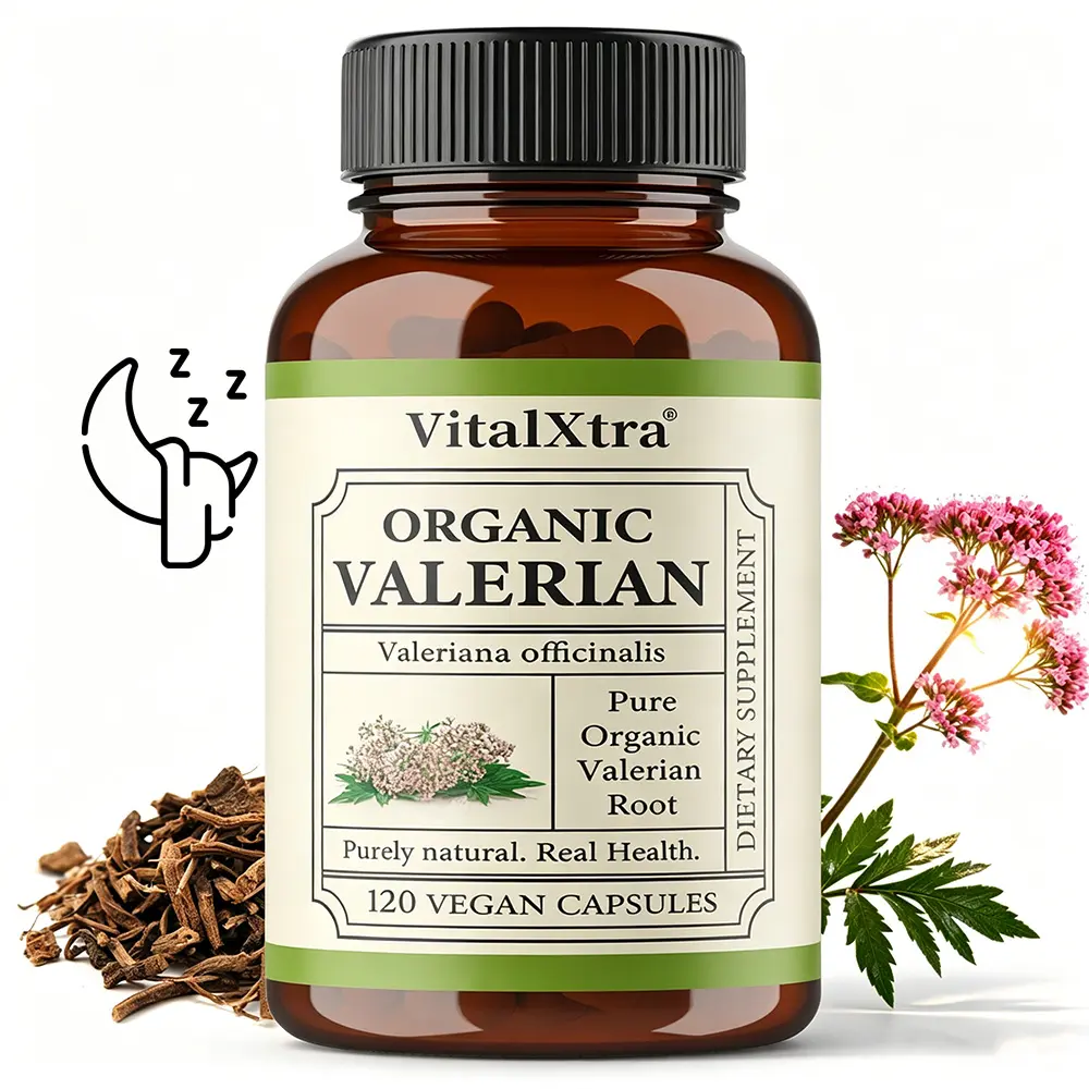VitalXtra Organic Valerian Root Extract Capsules - Extra Strength Vegan Supplement for Sleep Support, Muscle Relaxation, 120 Count