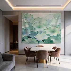 1 Piece Watercolor Lotus Leaf Tapestry, Green Lotus HD Digital Print Wall Hanging, Boho Aesthetic Decor Tapestry for Bedroom Living Room Dorm