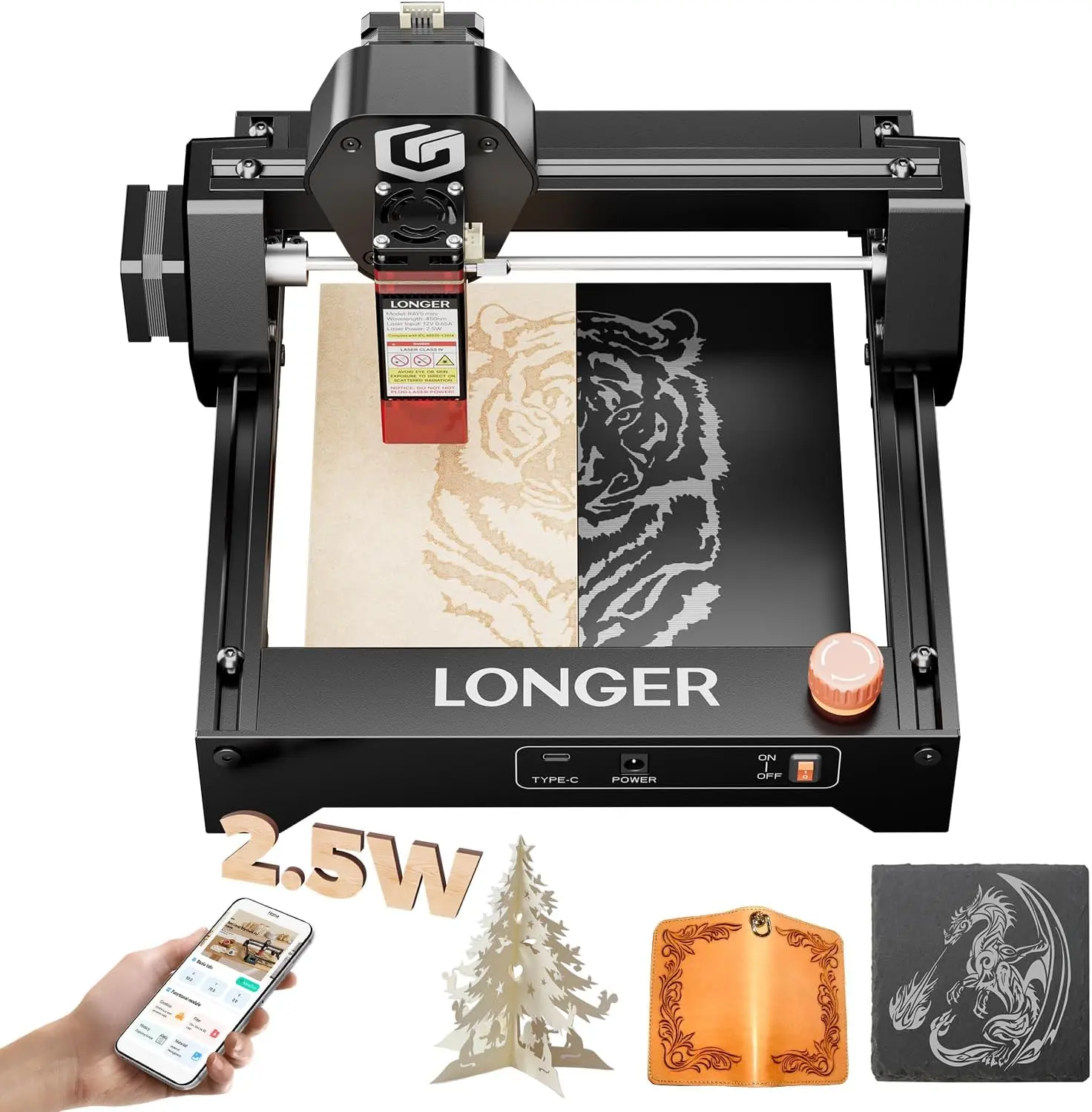 LONGER RAY5 Laser Engraver 2500mW High Precision 0.04 * 0.04mm Laser Cutter and Engraving Machine 130x130mm Working Area Mini Portable Laser Engraver for Wood Metal Acrylic Glass