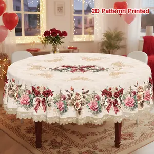 1pc, Valentine's Day Mother's Day Themed Party Tablecloth, Spring Summer Vintage Bow Rose Floral Printed Design, Rectangular/Round/Oval Table Cloth, Embossed Edge, Suitable For Indoor Outdoor Dining Picnic Dinner Dining Room Decoration