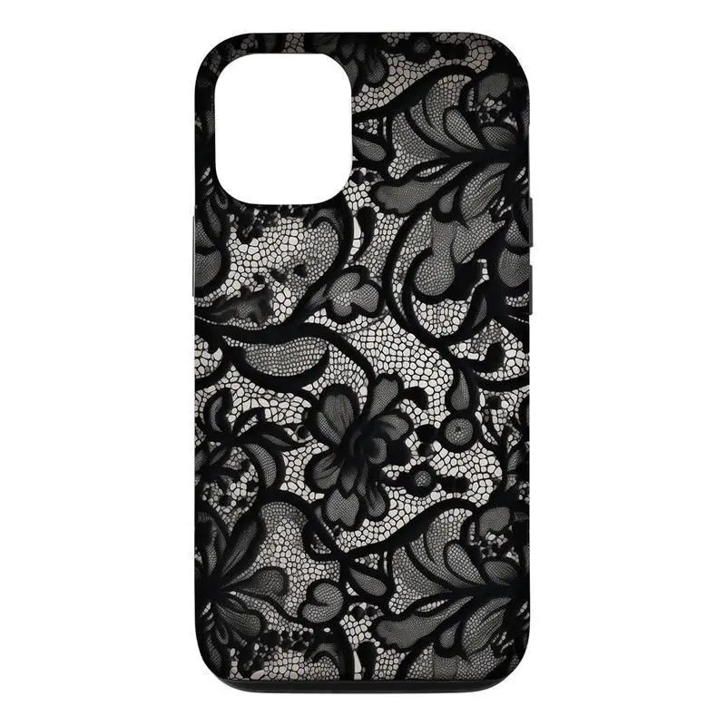Vintage Lace Black Dual-Layer Plastic Customized Cellphone Case for iPhone 11-17 Pro Max Plus, X, XS, XR, SE; Samsung Galaxy S20-S24, Cute Fashion Accessory, Perfect Her Gift