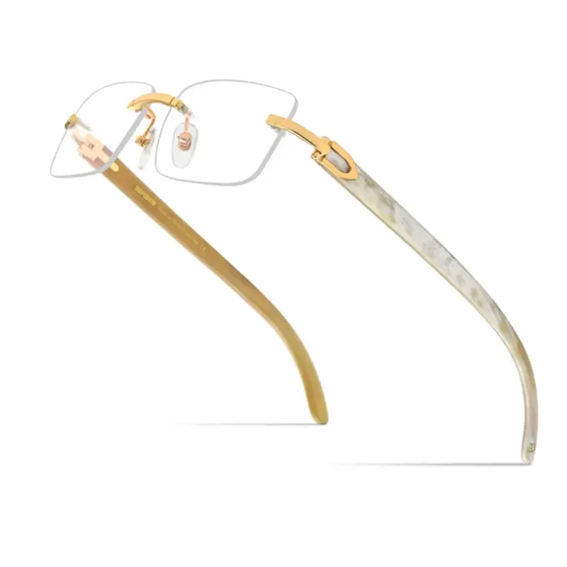 Men's Rimless Wood-Gold Frame Retro Hip Hop Clear Lens Eyeglasses, Casual Frames, Stylish Trendy Eyewear for Events, Frameless Fashion Accessory