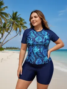 Women's Plus Size 2-Piece Tankini Swim Set - High Neck Short Sleeve Rash Guard, High Elastic Tummy Control Shorts, Cropped Halter with Metal Decor, Sun Protection Beach Outfits, Tropical Bohemian Swimwear