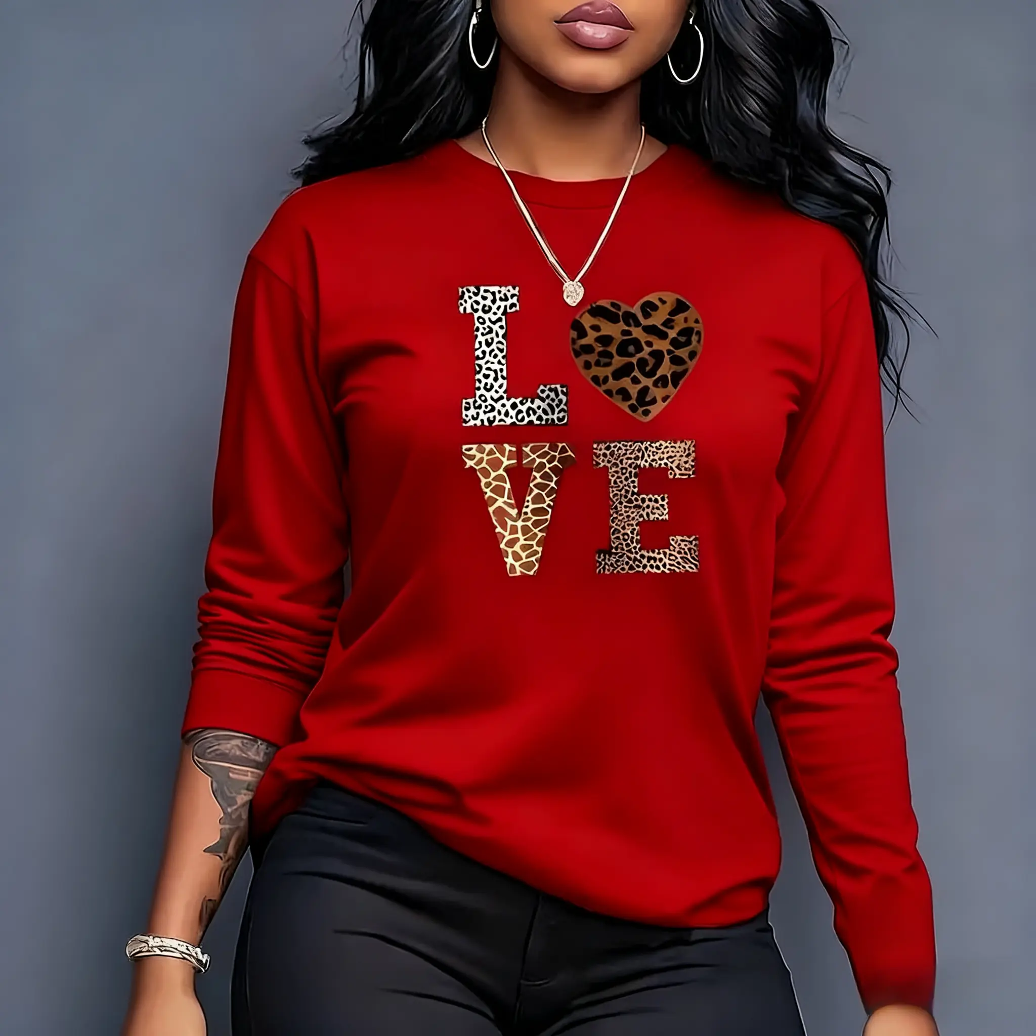 Women's Long Sleeve Tops Vintage Graphic Tees Women's Shirts Women's Graphic Tees Animal Print "LOVE" Retro - Style Top For Casual Daily Wear Outings And Fashion - Forward Style Statements