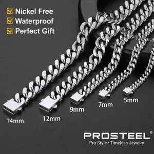 PROSTEEL Miami Cuban Chain Necklace Stainless Steel 5mm/7mm/9mm/12mm/14mm Width 18"-30" Necklace Hypoallergenic Jewelry Unisex For Men Women Lovers Gift Box