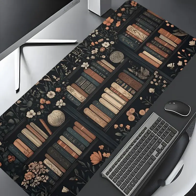 Floral Bookshelf Aesthetics Large Gaming Mouse Pad, Desktop Decoration Protection Pad, Rubber Pad Non-slip Lock Edge Work Pad, Desk Gadgets, Office Desk Accessories, multi-size mouse pad suitable for laptop, desktop computer games, work