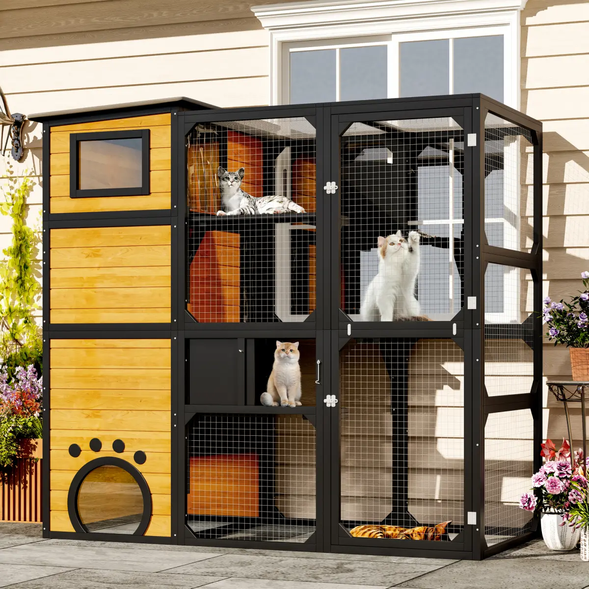 GO Large 4-Tier Waterproof Mesh Outdoor Catio - Window-Attached Predator-Proof Safe Shelter for Multiple Cats & Kitty, Backyards Outside Use, with Platforms, Resting Rooms, Brown