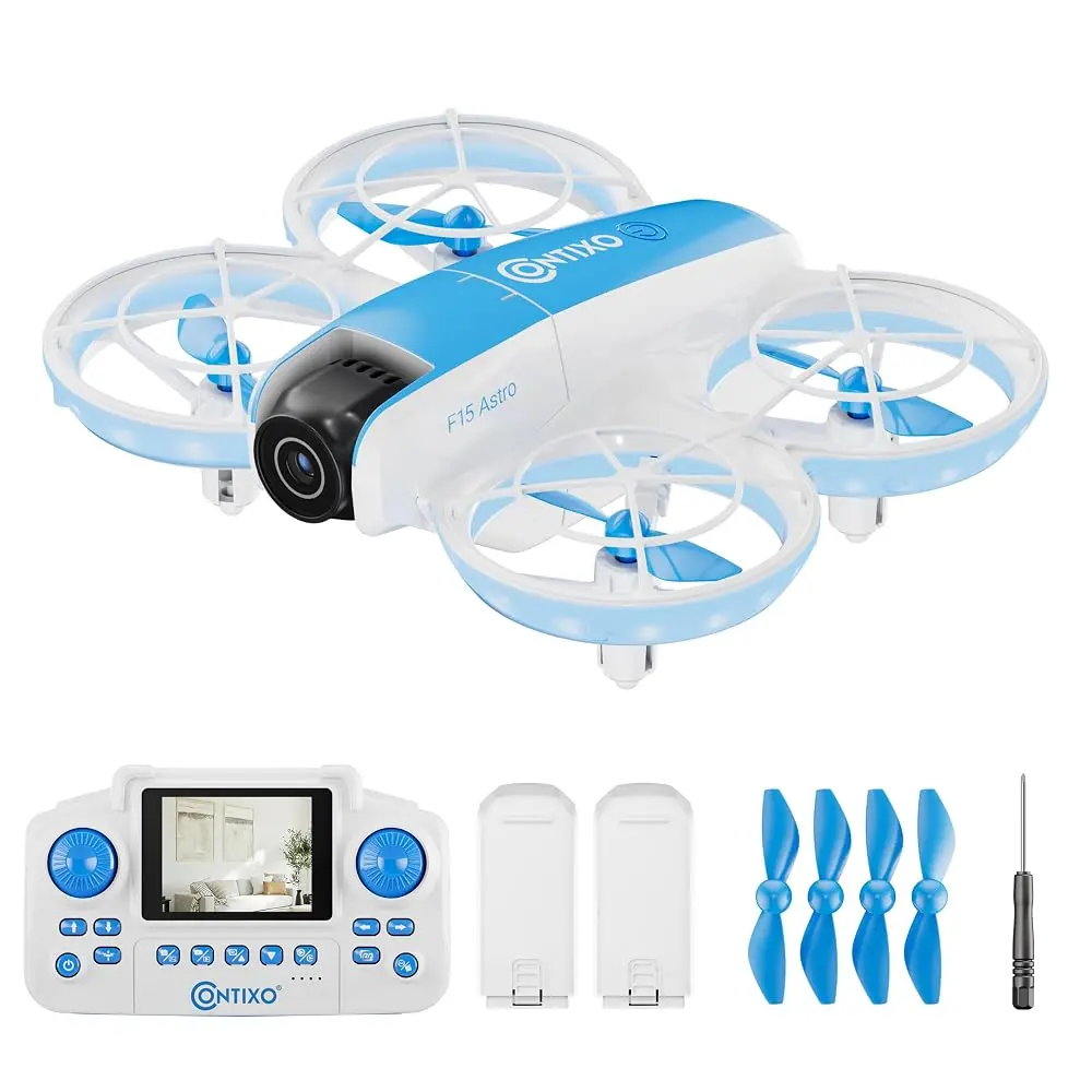 Contixo F15 Astro Mini Drone with 2.4" Screen Remote, 720P HD Dual Camera, Live Video, Optical Flow Hover, 360° Stunts, 2 Batteries