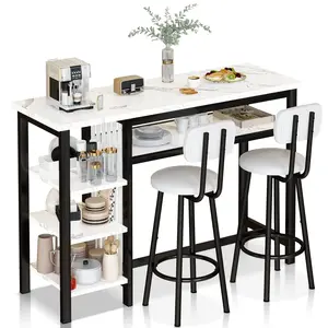 Lamerge Furniture Kitchen Bar Height Table and Chairs for 2, 5-Tier Compact Dining Room Table, White Faux Marble Top and 2 PU Leather Upholstered Seat Black Frame, Modern Dining Set for Home & Office