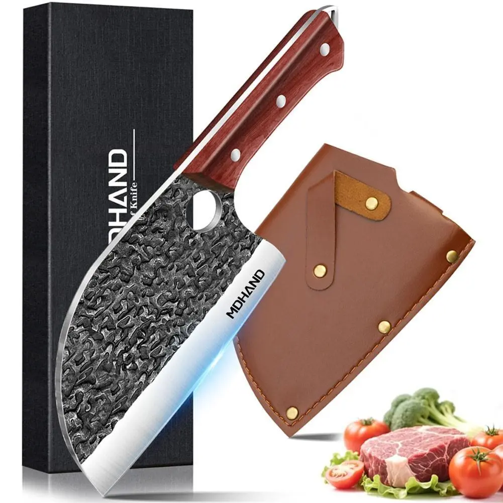 7 Inch Serbian Chef Knife, Full Tang Butcher Knife Meat Cleaver, Hand Forged High Carbon Stainless Steel Kitchen Knife with Wooden Handle & Leather Sheath#fathersdaygift