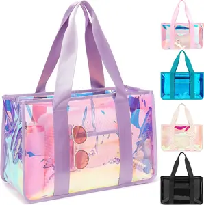Iridescent Clear Beach Bag for Women Large | Jelly Tote Bag Waterproof Sand Proof Pool Bag | Vacation Essentials Beach Tote Shoulder Tote Hobo Front Zip Tote