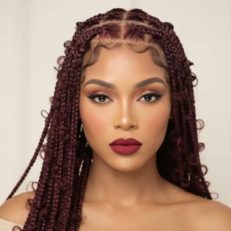 Boho Box Braids Glueless Lace Front Synthetic Wigs for Black Women Square Knotless Goddess Braided Wig with fluffy curly ends beginner friendly protective hair wigs easy to put on suitable for daily dating vacation party all occasions #BoxBraidsWig