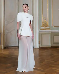 White Cape-Detail Peplum Chiffon Skirt Maxi Dress